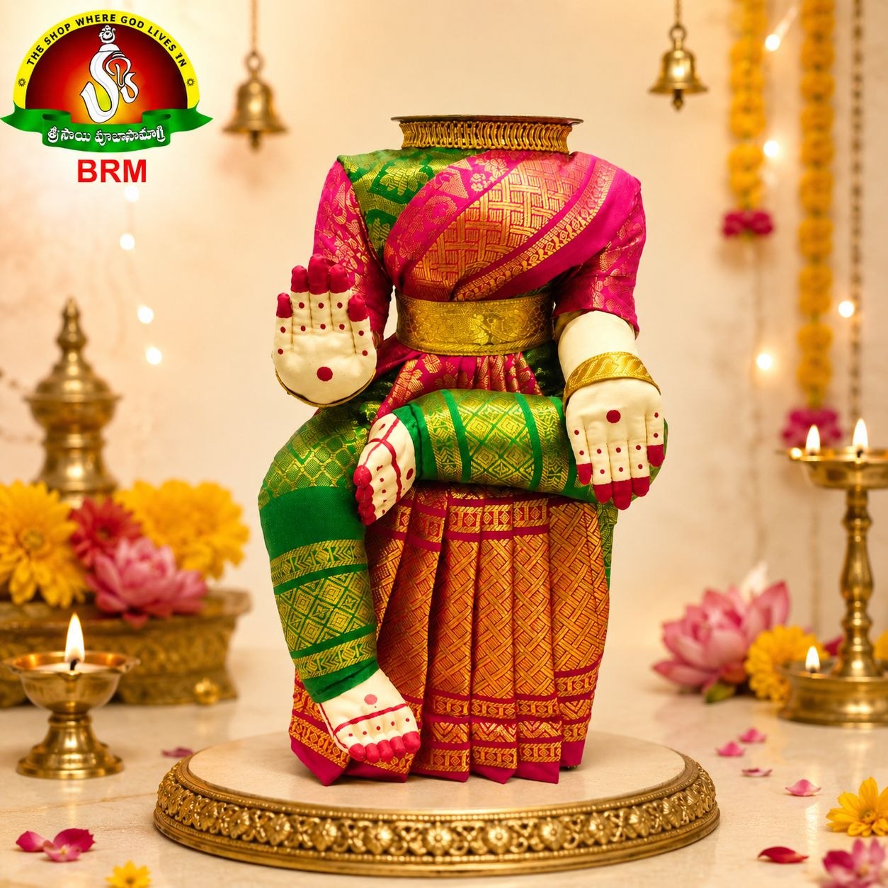 Varalakshmi Devi Idol Body Stand with Pink & Green Saree | Ammavari Alankaram Wooden Peeta Stand