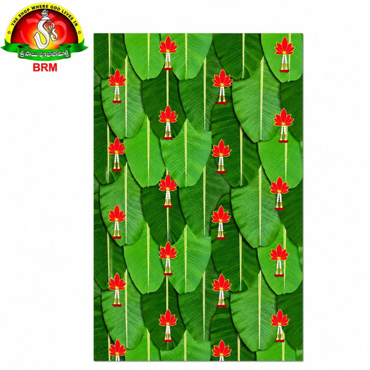 Red Lotus Flowers Design on Banana Leaves Pooja Backdrop Cloth – 5 × 8 Feet