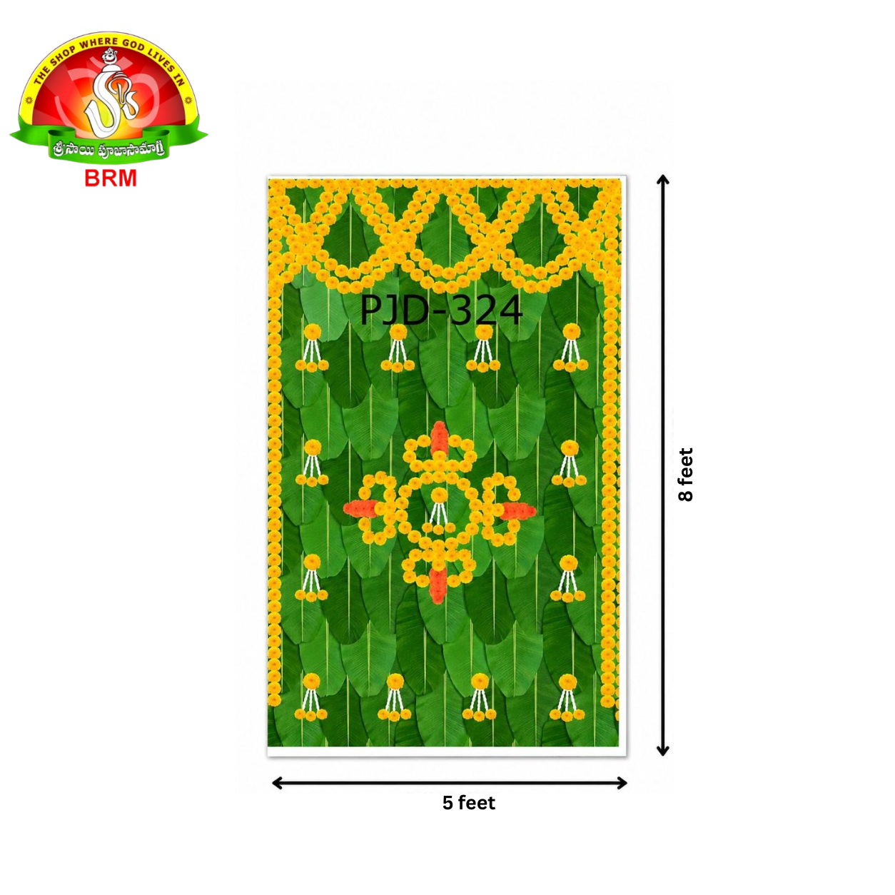 Pooja Backdrop Cloth - Banana Leaves with Banthi Poola Thoranam Design – 5 × 8 Feet