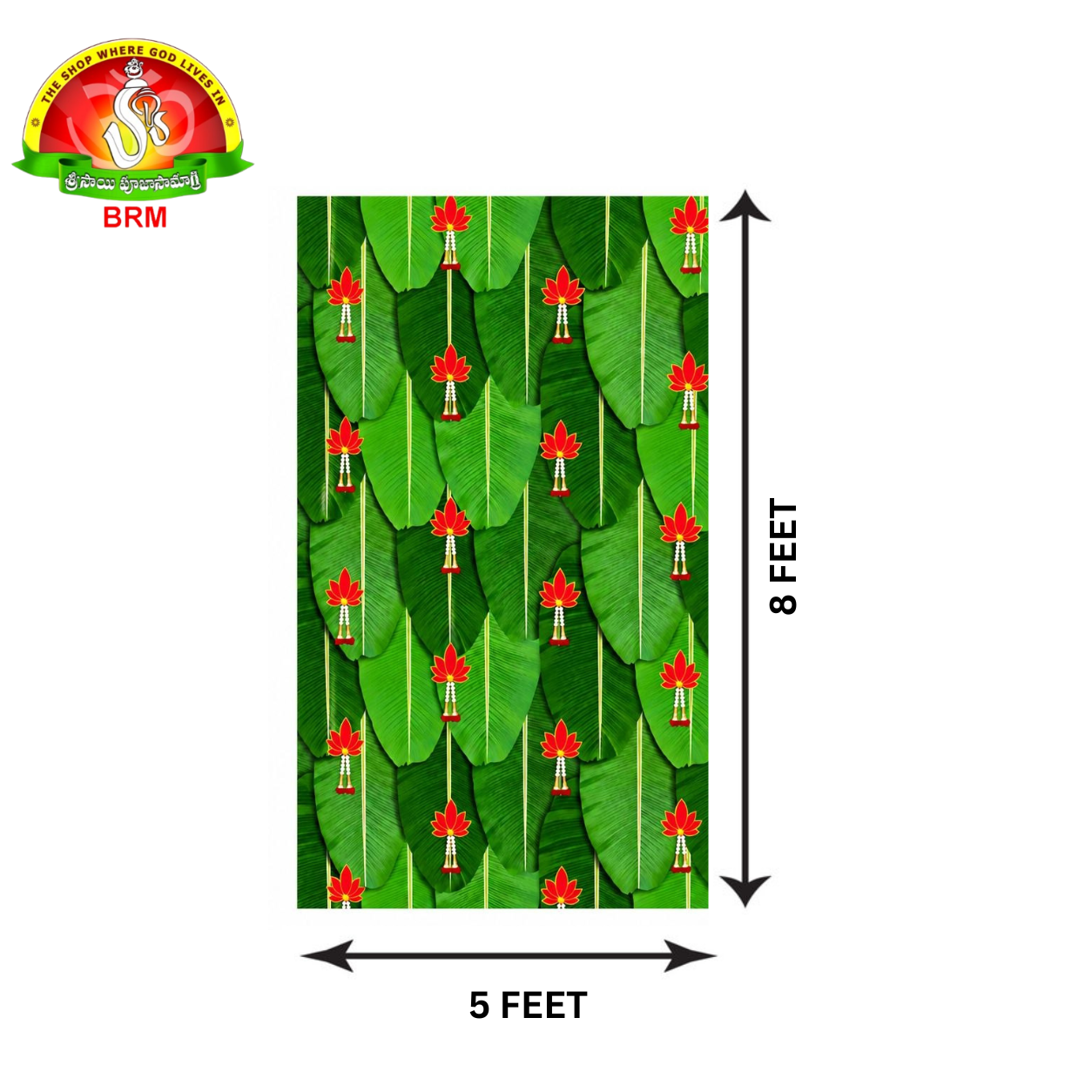 Red Lotus Flowers Design on Banana Leaves Pooja Backdrop Cloth – 5 × 8 Feet