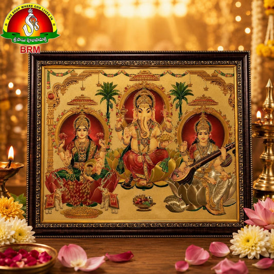 3-in-1 Gold Sheet Photo Frame – Goddess Lakshmi Devi, Lord Ganesha & Goddess Saraswathi Mata (18 × 14 Inch)