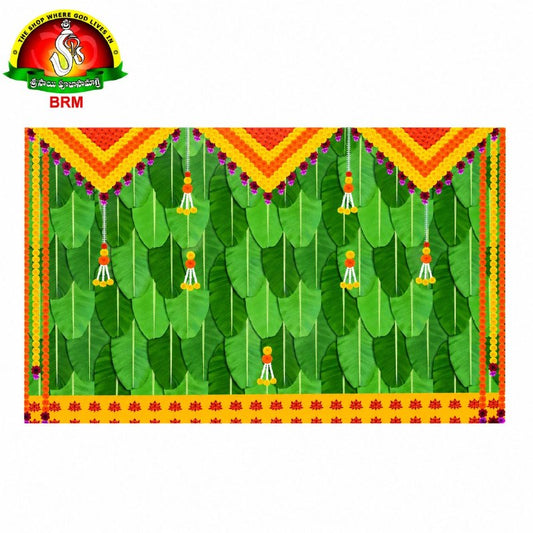 Horizontal Backdrop Cloth - Banana Leaves with Thoranam & Kadapa Design for Pooja – 8 × 5 Feet