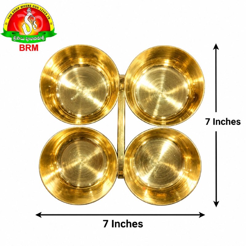Brass 4 Way Haldi Kumkum Chowmukhi Pooja Katori Set with Plain Handle | Multiple Sizes