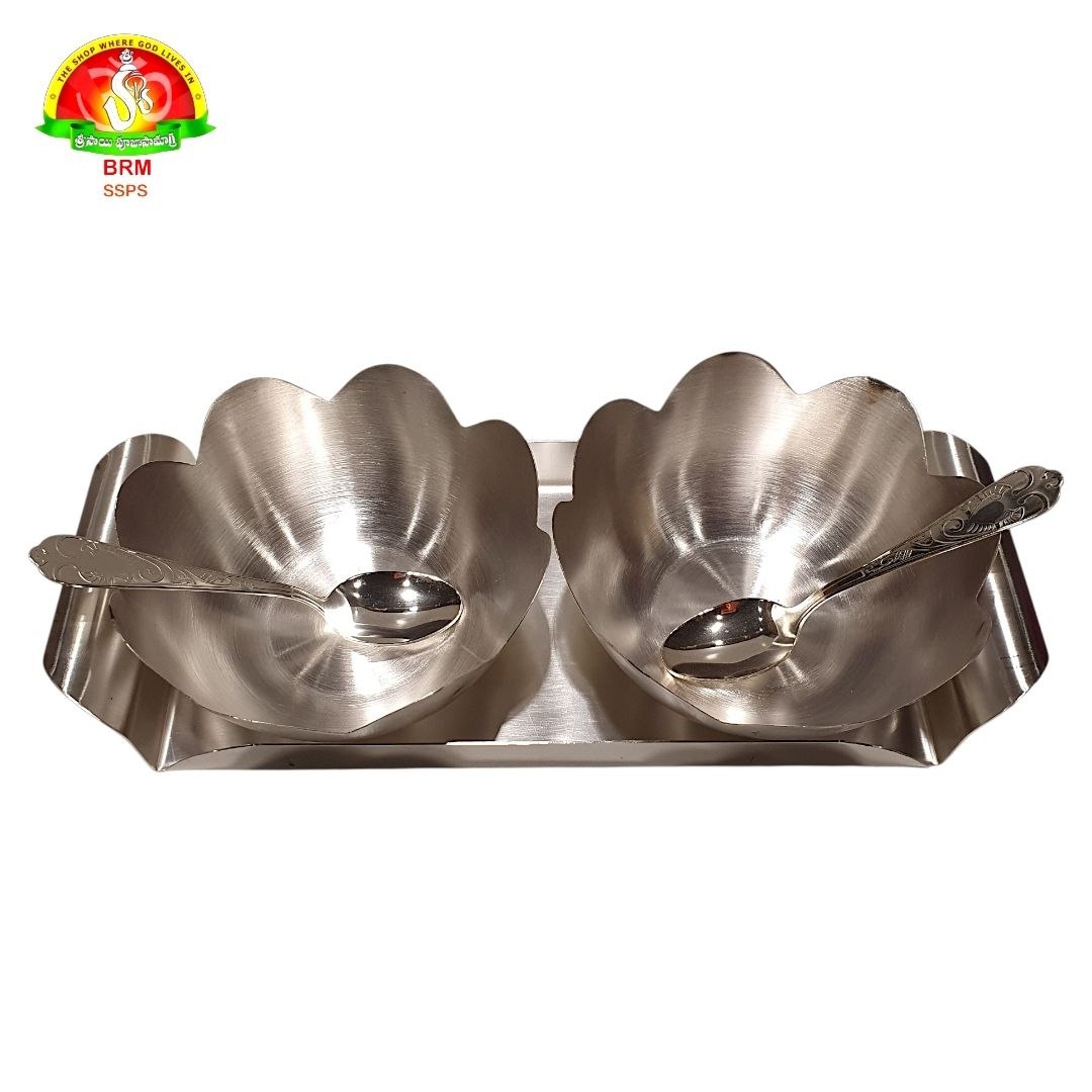 Premium White Metal Serving Set with 2 Bowls, Tray & 2 Spoons | Dry Fruit & Prasadam Set