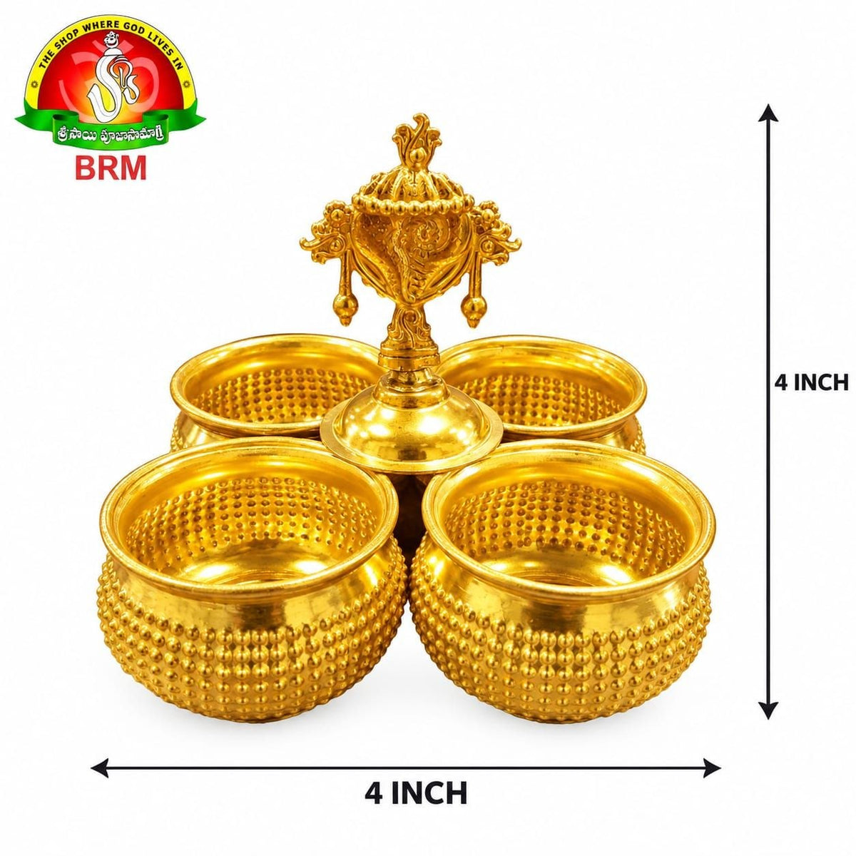 Brass 4 Way Haldi Kumkum Chowmukhi Pooja Katori Set with Shank Design