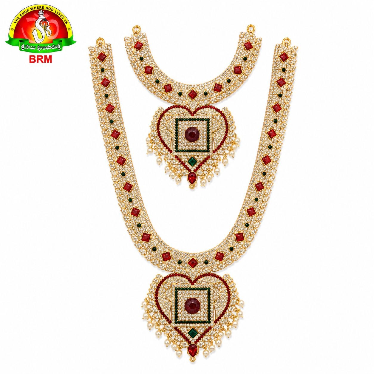 Two Step Pure Brass Haram Set for Ammavari Alankaram | Red & Green Pagadam, White Stones & Pearls