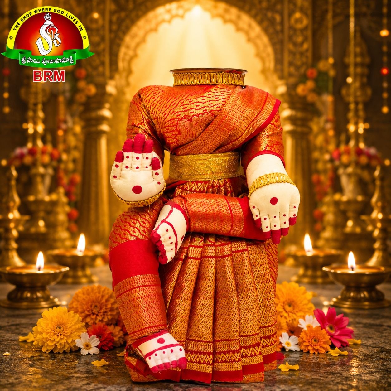 Varalakshmi Devi Idol Body Stand with Red Saree & Gold Border | Ammavari Alankaram Wooden Peeta Stand
