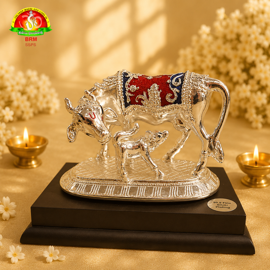 Silver Plated Cow and Calf on Marble Powder Idol for Pooja & Spiritual Decor