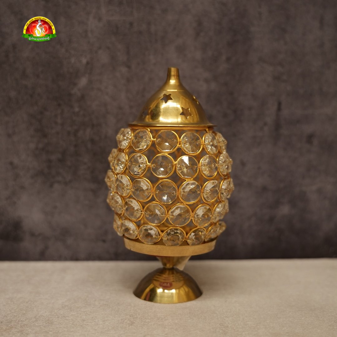 Brass Crystal Globe Deepam (Dholak Model) for Pooja & Spiritual Decor