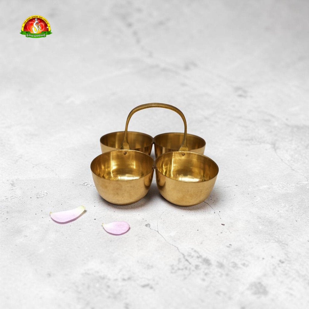 Pure Brass Chowmukh Haldi Kumkum Holder – 4 Joined Cups with Arch Handle |