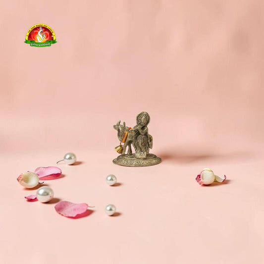 Premium White Metal Lord Krishna with Cow Idol for Pooja & Home Décor