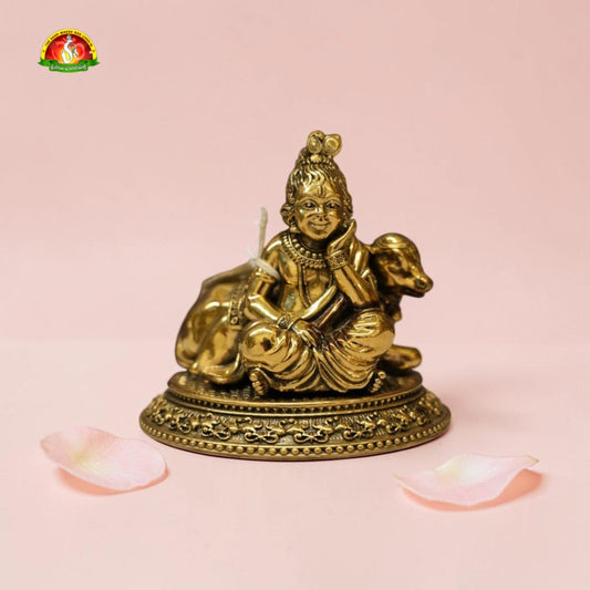 Laddu Gopal with Cow Antique Brass Idol for Home Temple – Premium Krishna Murti (10cm, 330g)