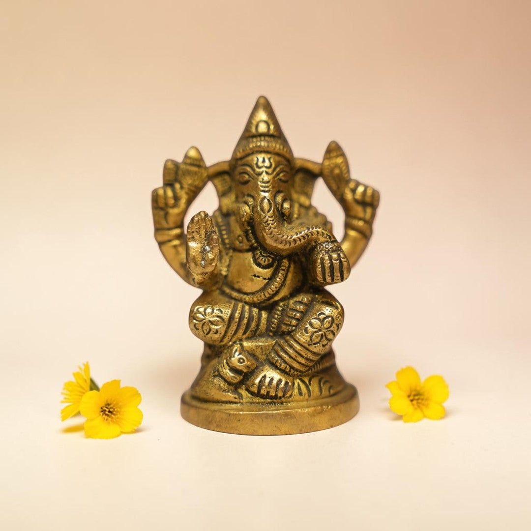 Sri Ganesh Brass Idol for Home Temple – Premium Brass Murti (7.5cm, 320g)