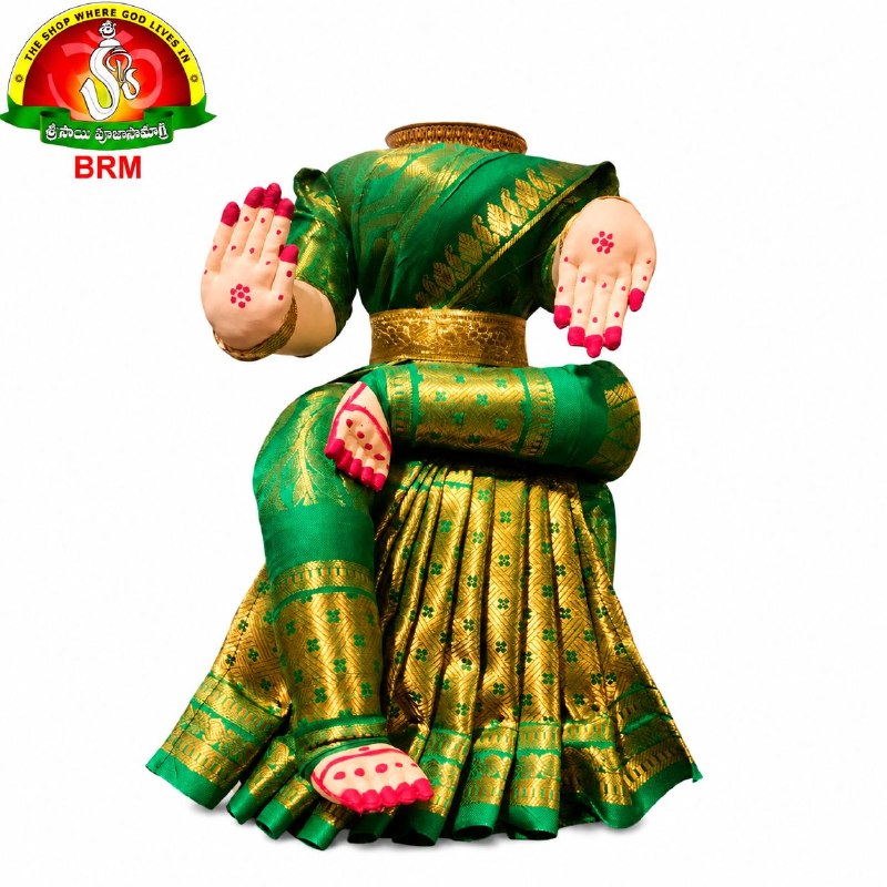 Ammavari Body Stand with Wooden Peeta | Green Sari with Gold Border & Gold Cloth Bangles | 3 Sizes