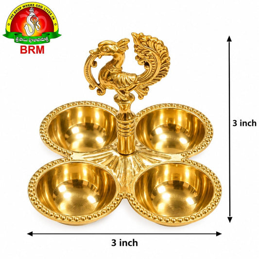 Brass 4 Way Haldi Kumkum Chowmukhi Pooja Katori Set with Peacock