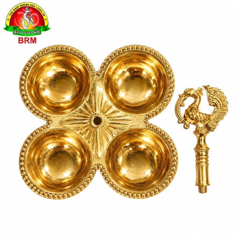 Brass 4 Way Haldi Kumkum Chowmukhi Pooja Katori Set with Peacock
