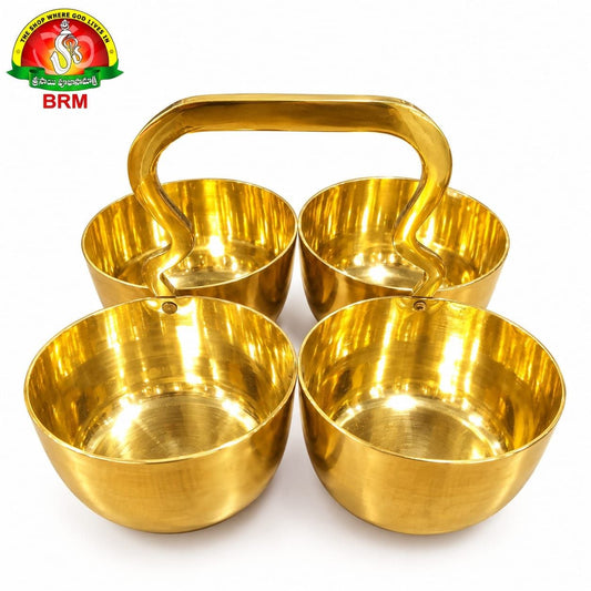 Brass 4 Way Haldi Kumkum Chowmukhi Pooja Katori Set with Plain Handle | Multiple Sizes