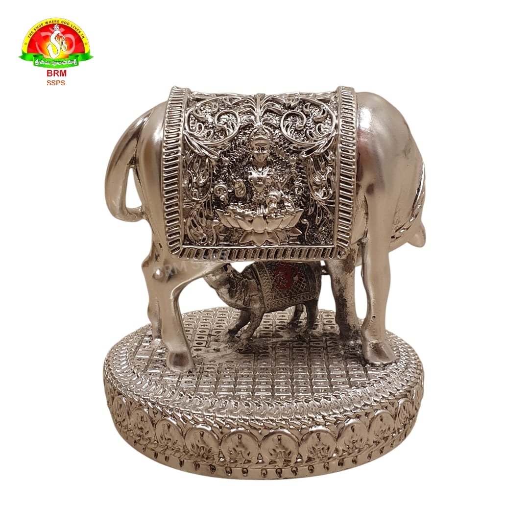 Pure Silver Plated Cow and Calf Idol for Pooja & Spiritual Decor