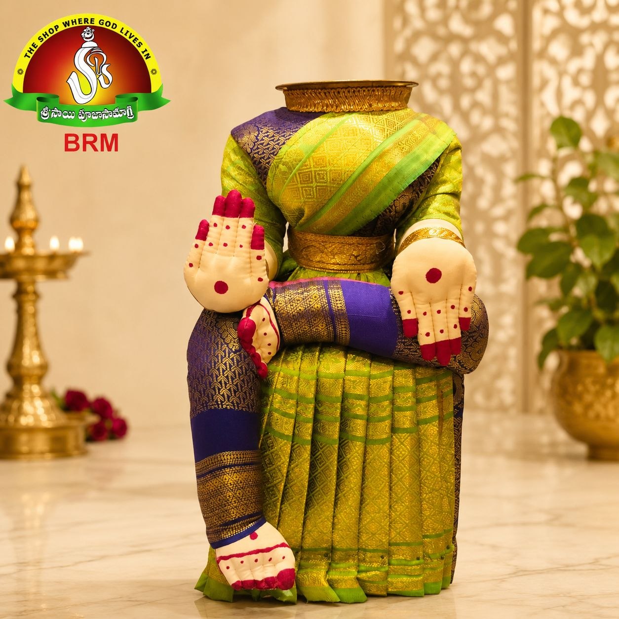 Varalakshmi Devi Idol Body Stand with Green & Violet Saree