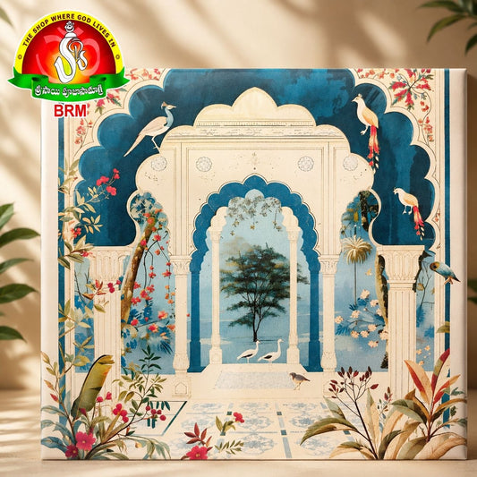 Royal Pichwai Haveli Pooja Backdrop Cloth | Mughal Garden Arch Design | 8×8 Feet