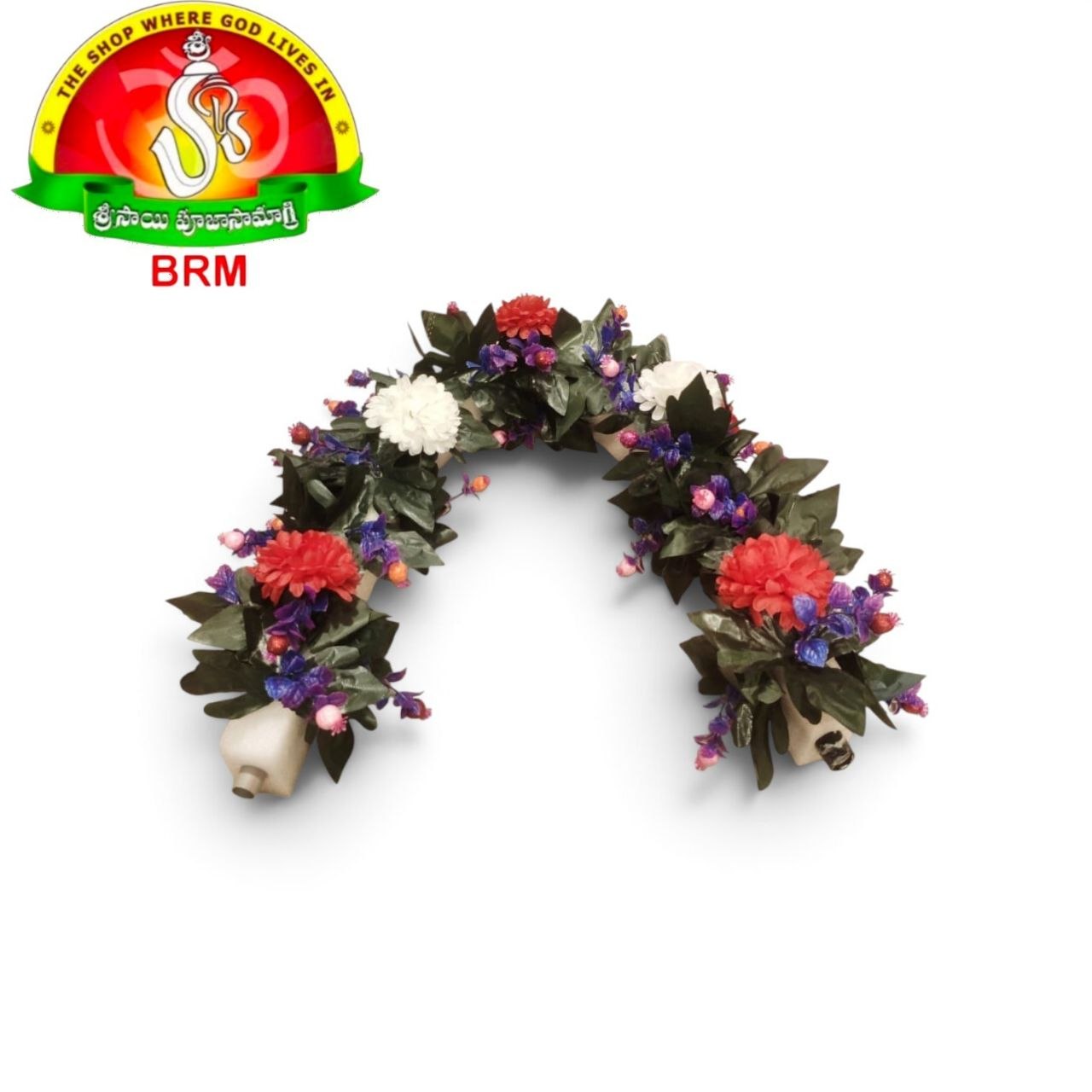 Detachable Foam Flower Arch for Pooja Decoration | Red, White, Deep Violet & Pink Plastic Flowers with Green Leaves