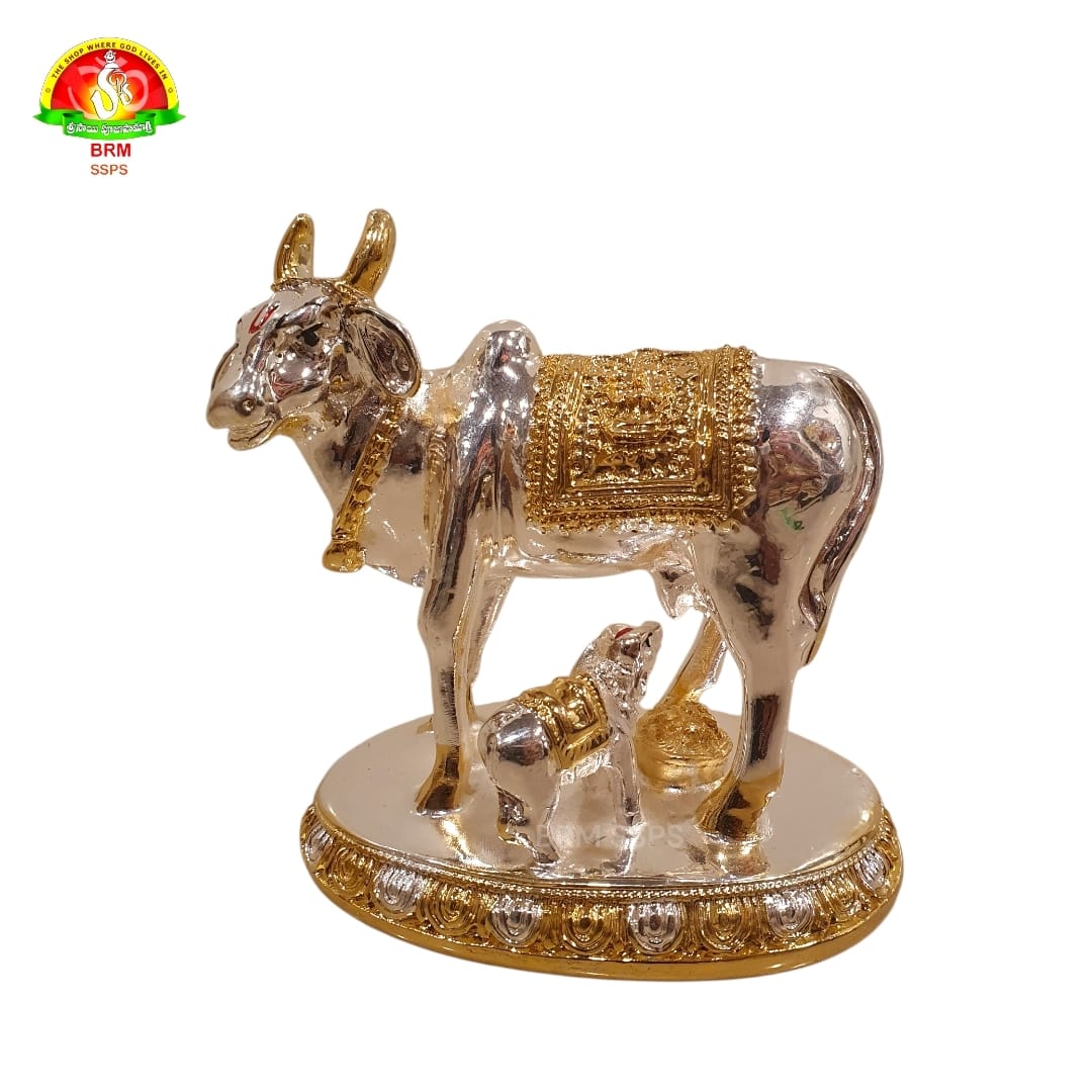 Pure Gold & Silver Plated Cow and Calf Idol for Pooja & Spiritual Decor