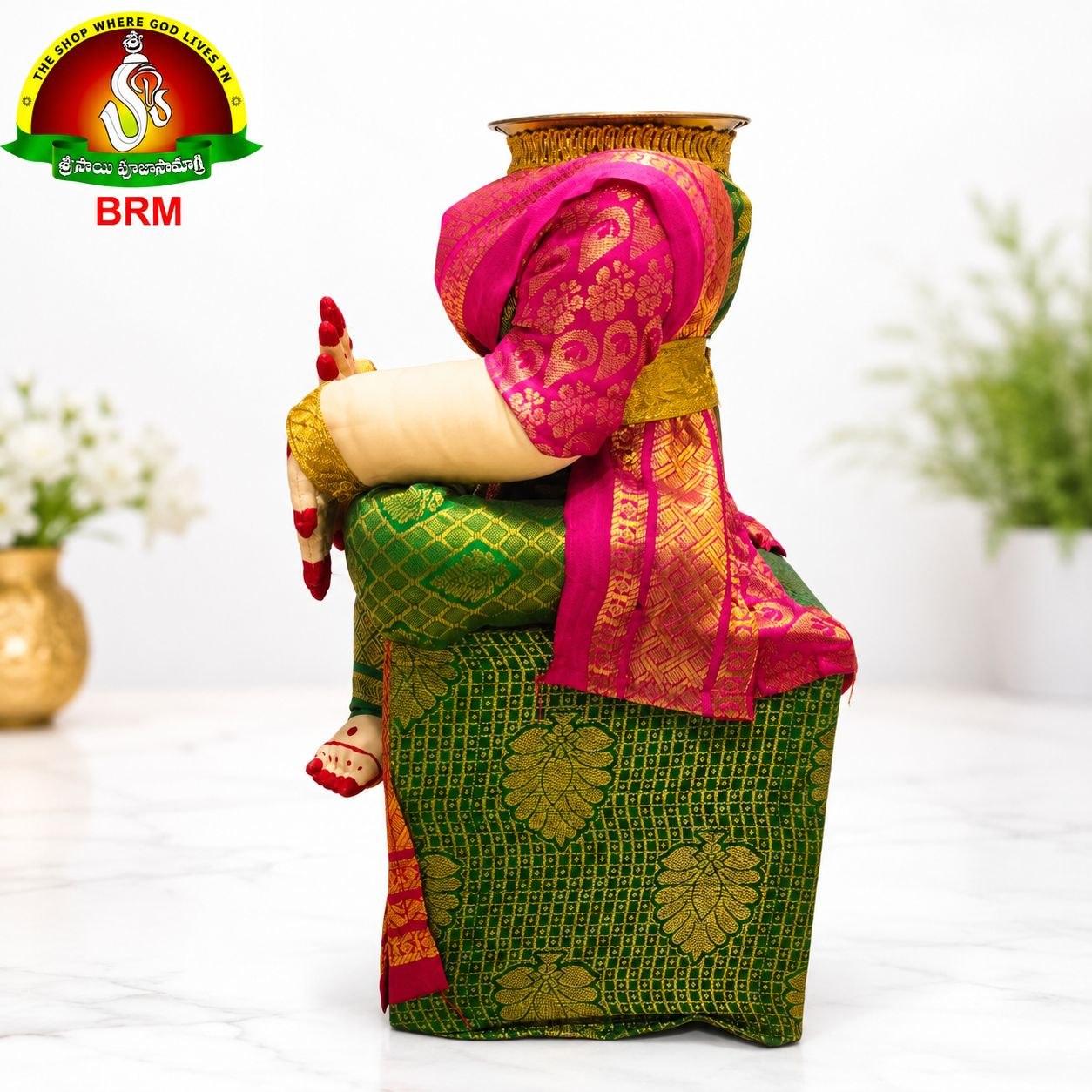 Varalakshmi Devi Idol Body Stand with Pink & Green Saree | Ammavari Alankaram Wooden Peeta Stand
