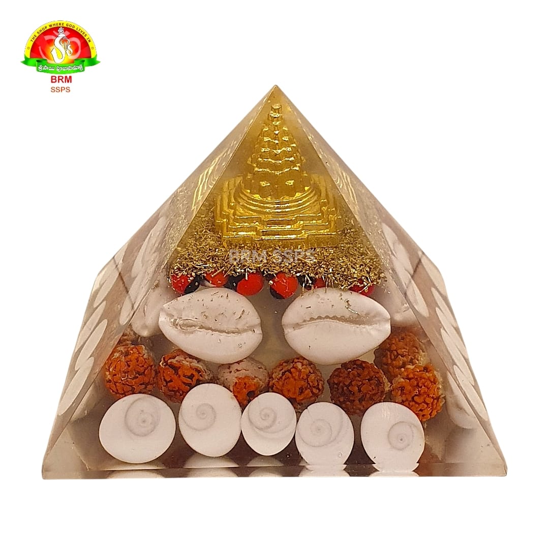 Sri Yantra Vastu Pyramid with Gomathi Chakra, Rudraksha & Lakshmi Cowrie for Positive Energy