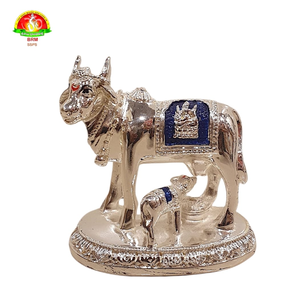 Pure Silver Plated Cow and Calf Idol for Pooja