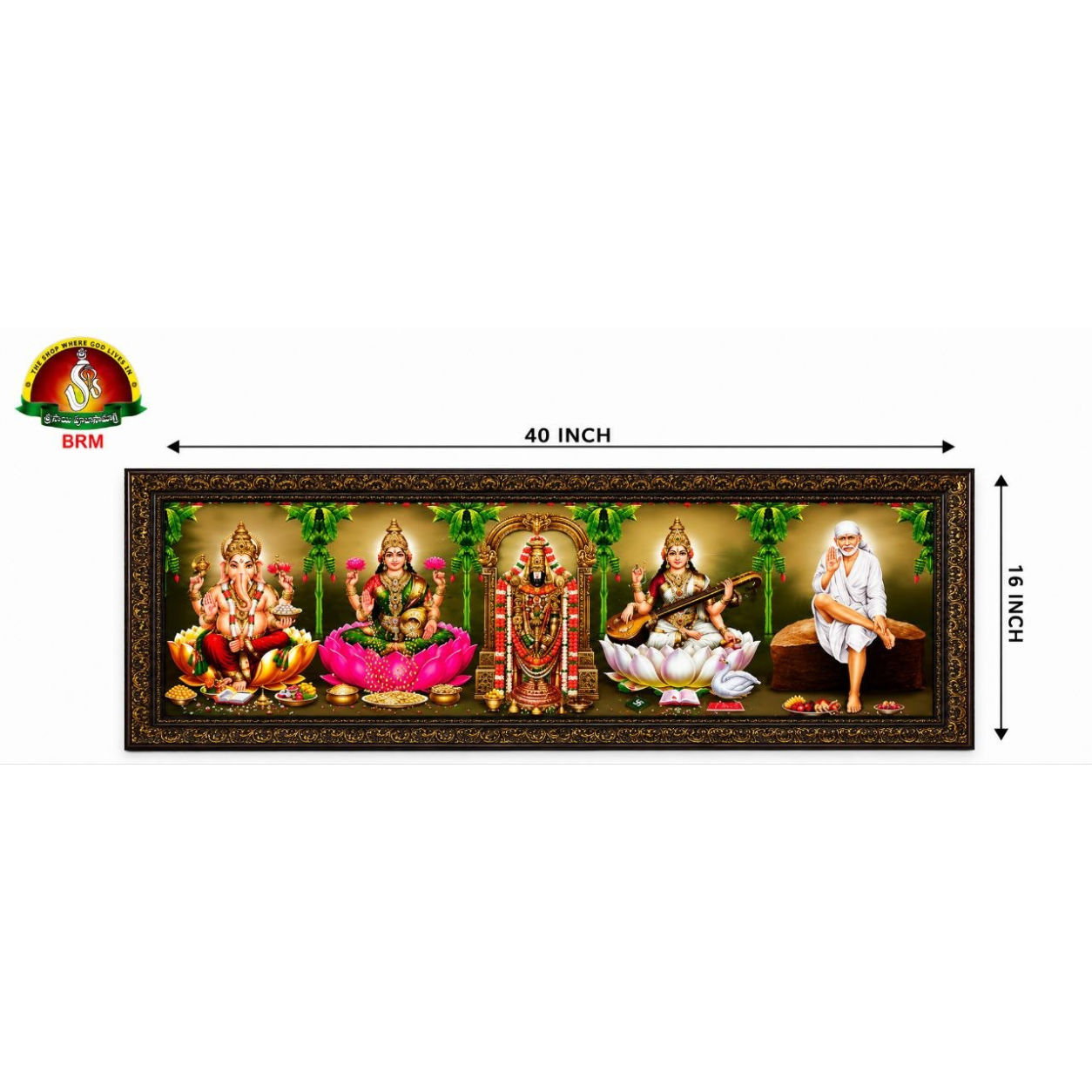 5-in-1 Large Devotional Matte Finish Photo Frame – Balaji, Lakshmi Devi, Ganesh, Saraswathi & Sai Baba (40 × 16 Inch)
