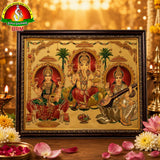 3-in-1 Gold Sheet Photo Frame – Goddess Lakshmi Devi, Lord Ganesha & Goddess Saraswathi Mata (18 × 14 Inch)