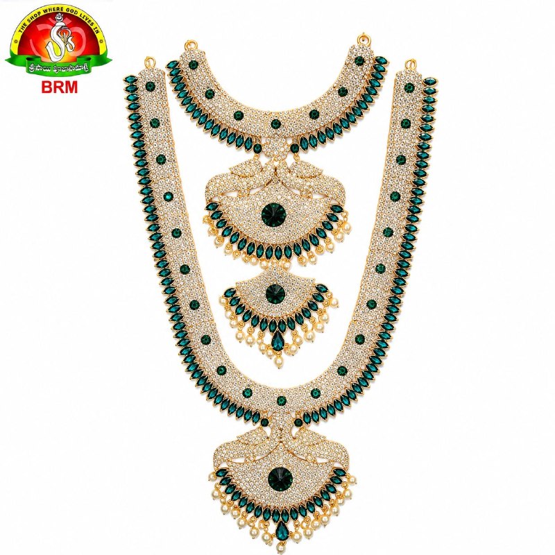 Two Step Pure Brass Haram Set for Ammavari Alankaram | Green Pagadam, White Stones & Pearl Goddess Jewellery