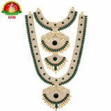 Two Step Pure Brass Haram Set for Ammavari Alankaram | Green Pagadam, White Stones & Pearl Goddess Jewellery