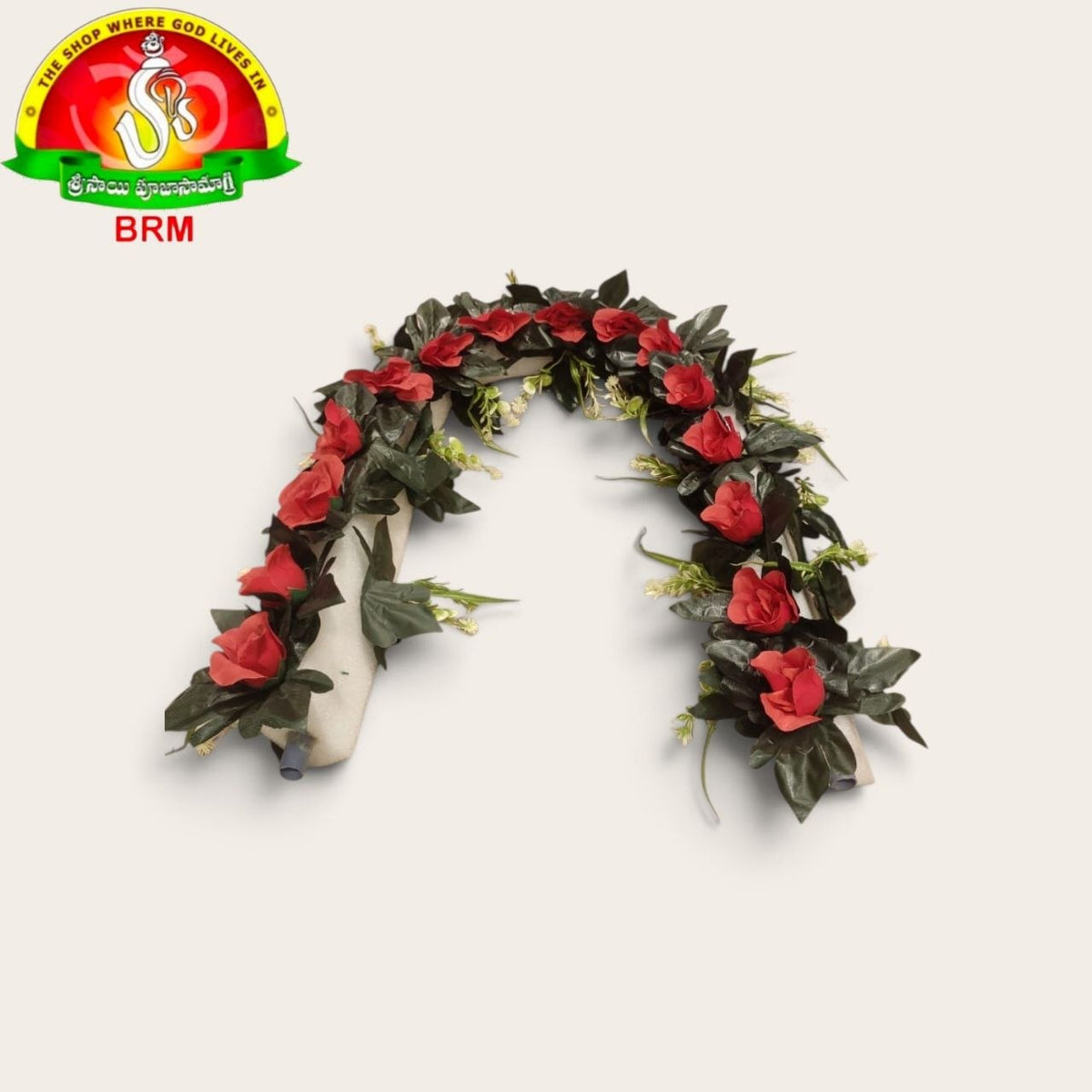 Detachable Foam Flower Arch for Pooja Decoration | Red Rose Plastic Flowers with Green Leaves