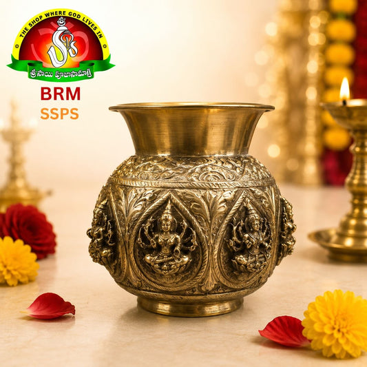 Brass Antique Ashta Lakshmi Design Lota – Sacred Pooja Kalash for Home & Temple