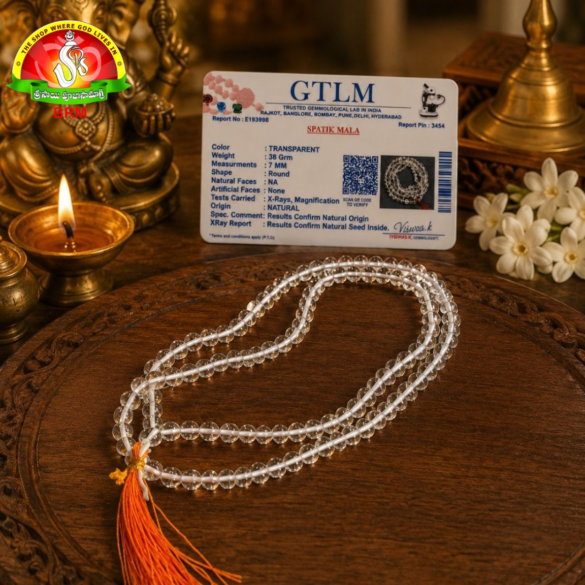 Natural Sphatika Mala 7mm Round Beads – Certified Crystal Japa Mala for Meditation