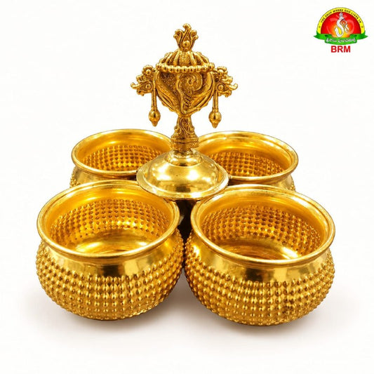 Brass 4 Way Haldi Kumkum Chowmukhi Pooja Katori Set with Shank Design