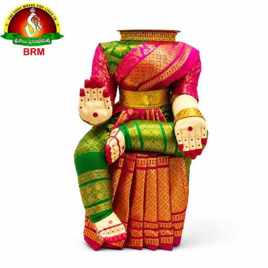 Varalakshmi Devi Idol Body Stand with Pink & Green Saree | Ammavari Alankaram Wooden Peeta Stand