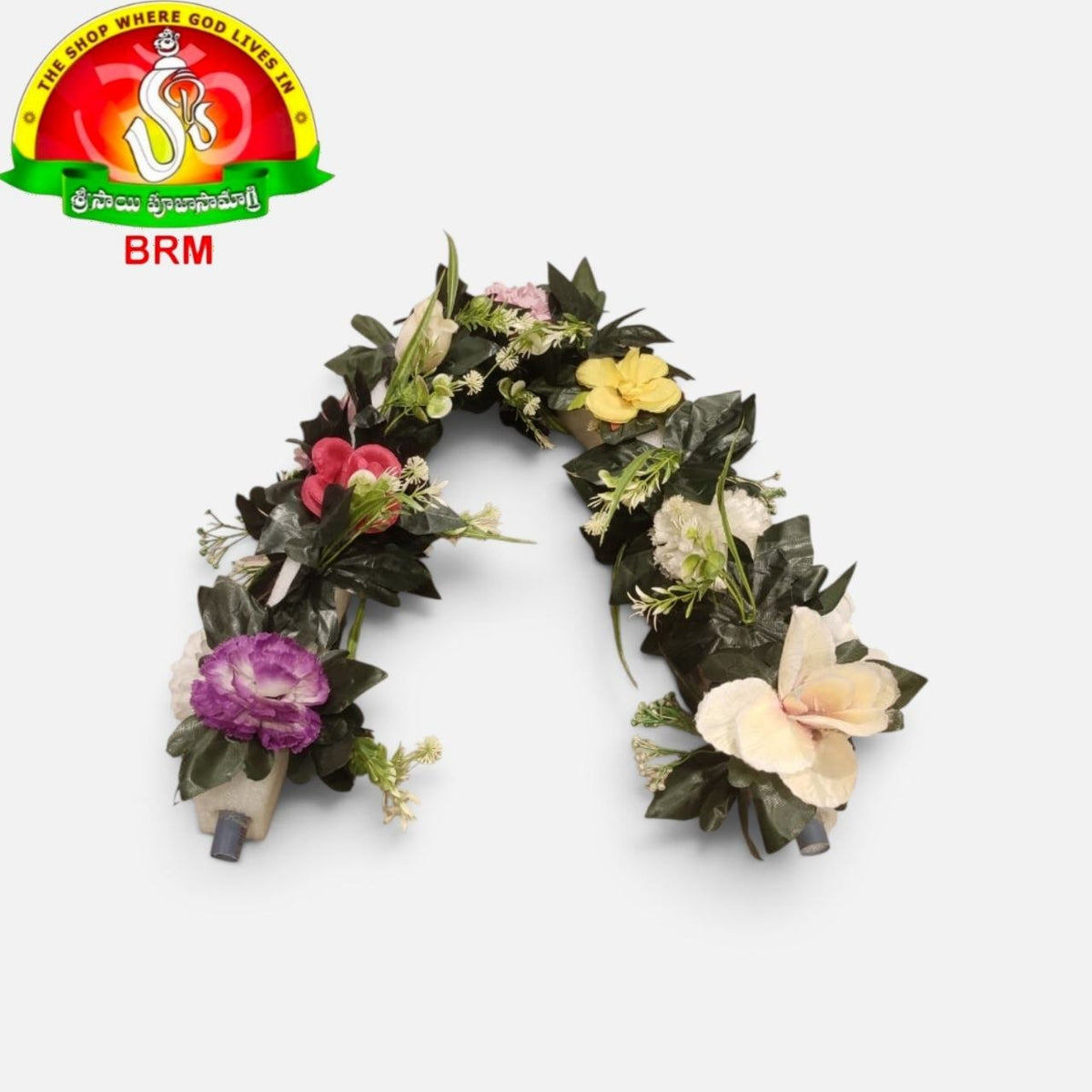 Detachable Foam Flower Arch for Pooja Decoration | Red, White, Yellow & Orange Plastic Flowers with Green Leaves