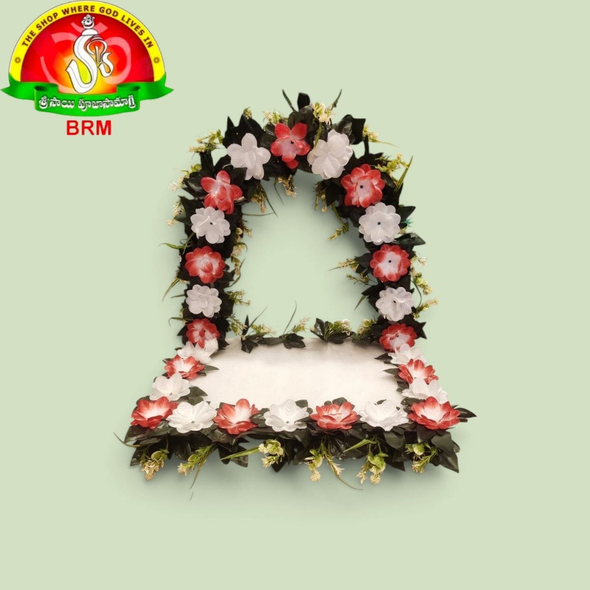 Detachable Foam Flower Arch for Pooja Decoration | Red & White Plastic Flowers with Green Leaves