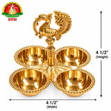 Brass 4 Way Haldi Kumkum Chowmukhi Pooja Katori Set with Peacock