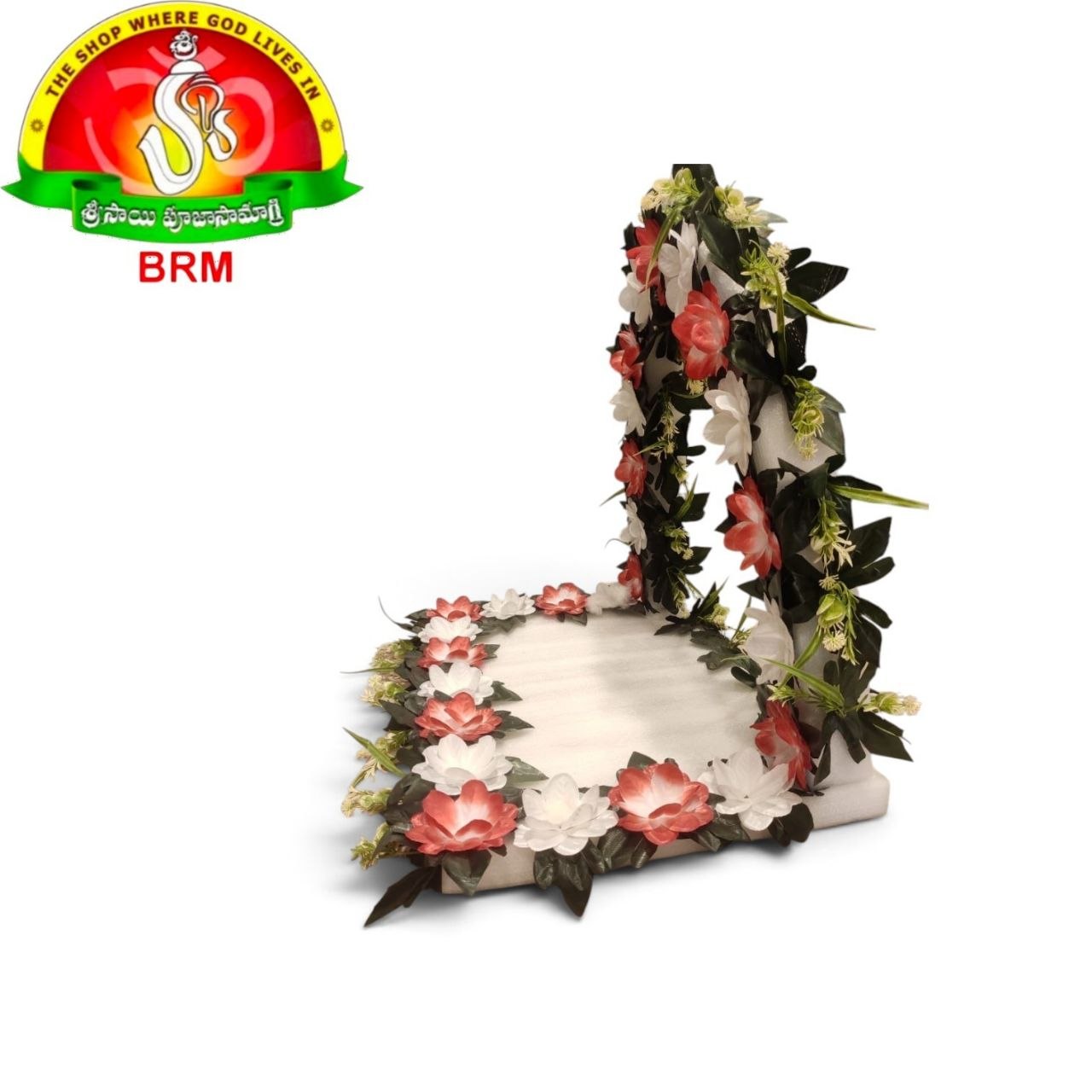 Detachable Foam Flower Arch for Pooja Decoration | Red & White Plastic Flowers with Green Leaves