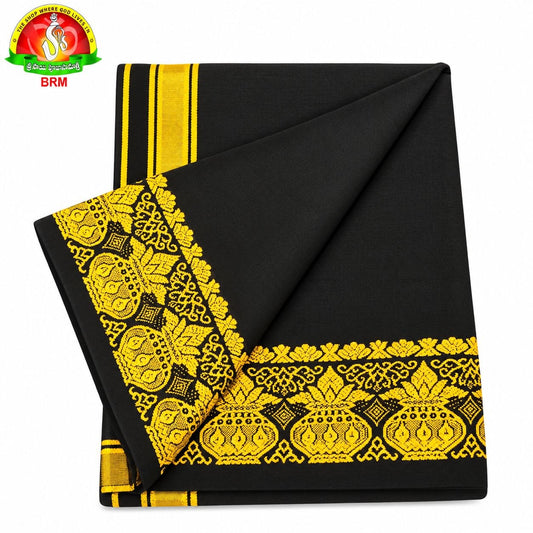 Black Cotton Lungi for Ayyappa Deeksha with Double-Side Gold Pattu Border