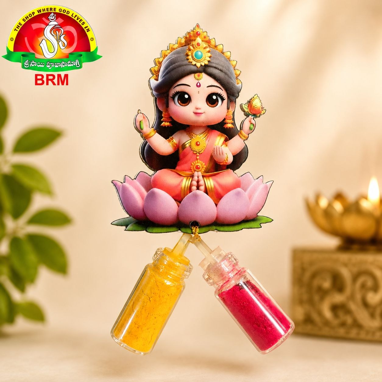 Lakshmi Haldi Pasupu Kumkuma Set | Acrylic Goddess Lakshmi with Pasupu & Kumkuma Bottles
