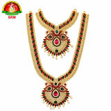 Two Step Pure Brass Haram Set for Ammavari Alankaram | Green & Pink Pagadam, White Stones & Pearl Goddess Jewellery