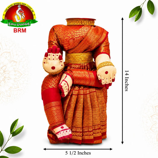 Varalakshmi Devi Idol Body Stand with Red Saree & Gold Border | Ammavari Alankaram Wooden Peeta Stand