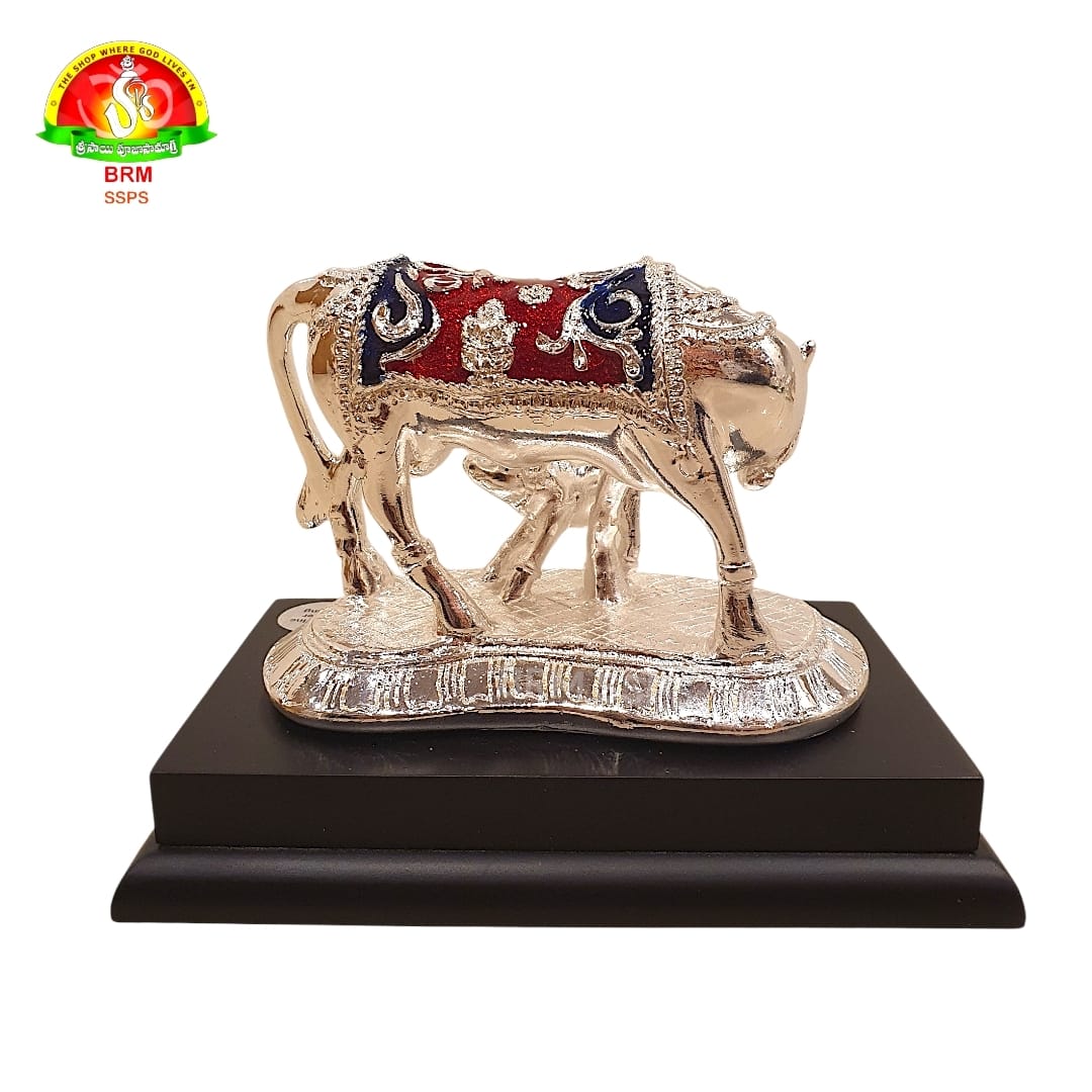 Silver Plated Cow and Calf on Marble Powder Idol for Pooja & Spiritual Decor