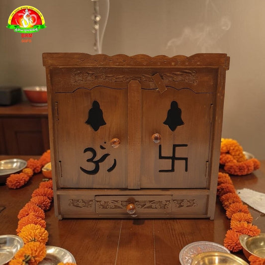 Wooden Mandiram With Doors – 18 × 18 × 9 inch Pooja Temple