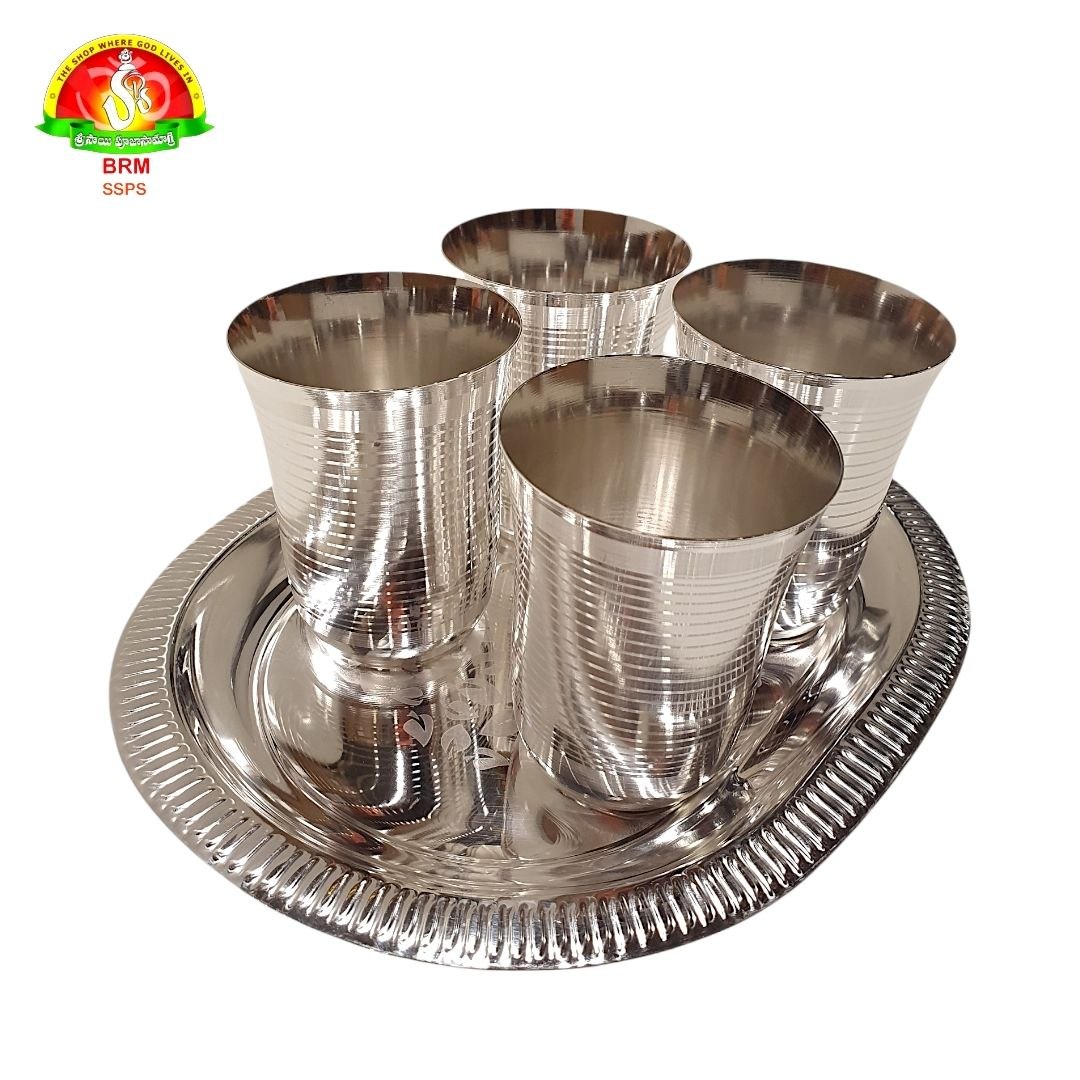 White Metal 4 Glasses with Tray Set | Premium Serving & Gift Set | Sri Sai Pooja Samagri