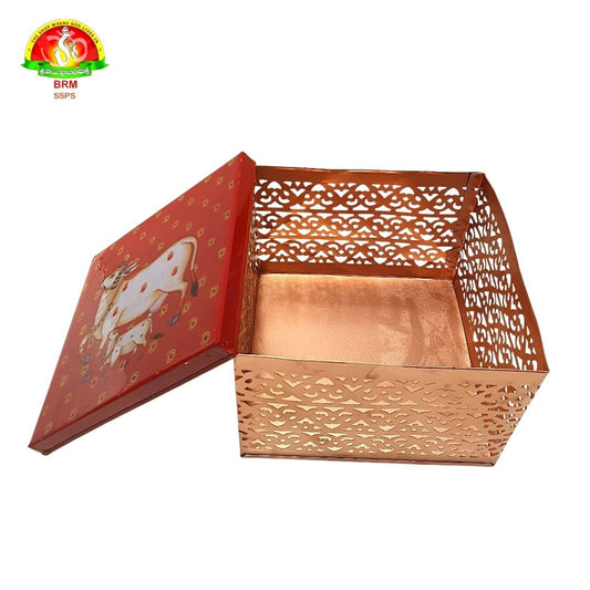 Premium Metal Fancy Square Box with Cow & Calf Design – Decorative Storage & Gift Box